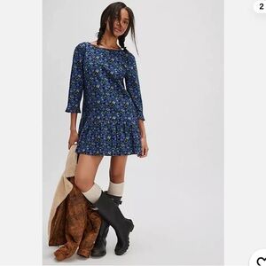 Free People Blue Floral 3/4 Sleeve Drop Waist Mini Dress